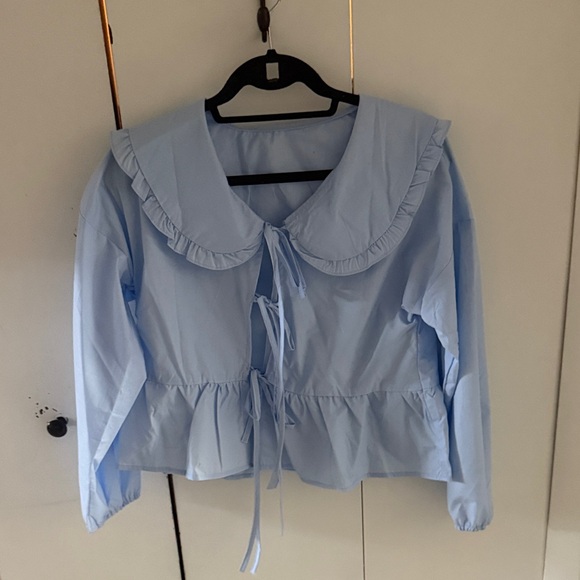 Light Blue Tie Front Ruffled Blouse - Picture 1 of 2